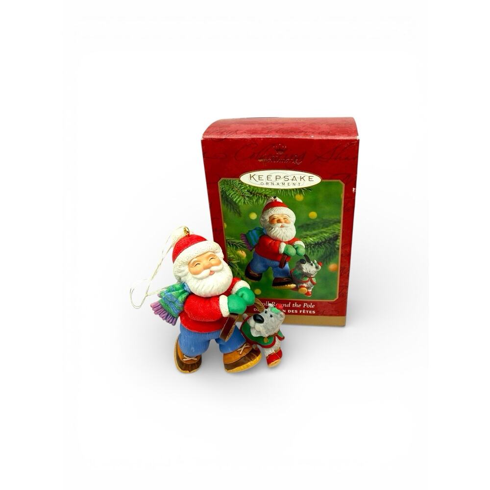 Vintage Hallmark Keepsake Ornament Stroll Round The Pole‎ Santa w/Puppy 2000 EUC